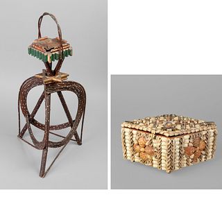 Tramp Art, Pair of Two Wooden Art Works: Shell Encrusted Lidded Wood Box + Cigarette Stand