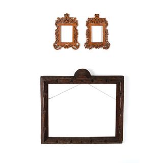 Tramp Art, Group of Three Wood Frames: Group of Two Carved Wood Frames + Wooden Picture Frame