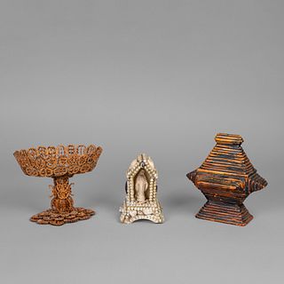 Group of Three Tramp Art Works: Nutshell Pedestal Bowl + Shelled Nicho + Lidded Box