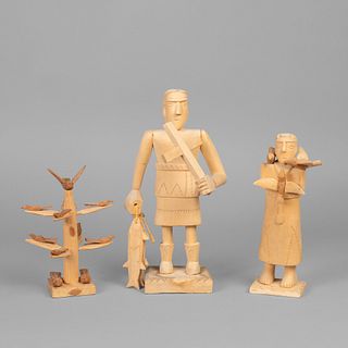 George T. Lopez, Group of 3 Bultos: San Rafael + Saint Francis + Tree of Life, 1979