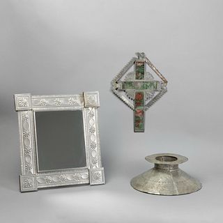 Group of Three New Mexico Stamped Tin Items: Mirror, Lampshade, Crucifix with Painted Glass