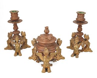 A set of French Empire-style brass desk items