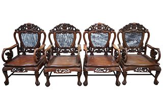 Set of Four Chinese Carved Rosewood and Marble Armchairs