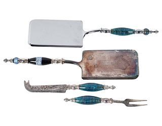 Four Aventurine Glass and Metal Serving Utensils