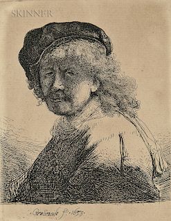 Rembrandt van Rijn (Dutch, 1606-1669) Self Portrait in a Cap and Scarf with the Face Dark: Bust