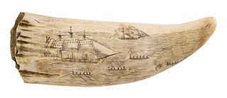SCRIMSHAW WHALE'S TOOTH WITH WHALING SCENE 19th Century