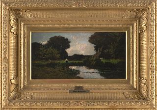 ATTRIBUTED TO THEODORE ROUSSEAU (France, 1812-1867), Figure standing by a pond