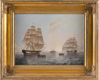 JAMES EDWARD BUTTERSWORTH (New Jersey/New York/United Kingdom, 1817-1894), Merchant vessels departing, probably outer New York Harbor, circa 1855., Oi