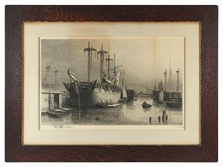 LEMUEL D. ELDRED (Massachusetts, 1848-1921), Whaler being refitted., Etching
