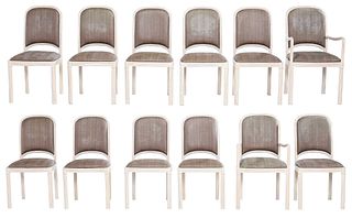 Set of Twelve Pickled Beechwood and Faux Snakeskin Dining Chairs