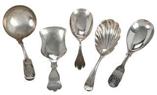 Five English Silver and Silver Plate Tea Caddy Spoons